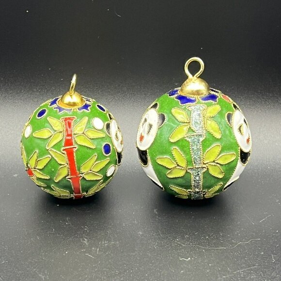 Cloisonne Panda Bamboo Round Ornaments 2” Raise Metal Enamel Green Set of 2 - Picture 3 of 8